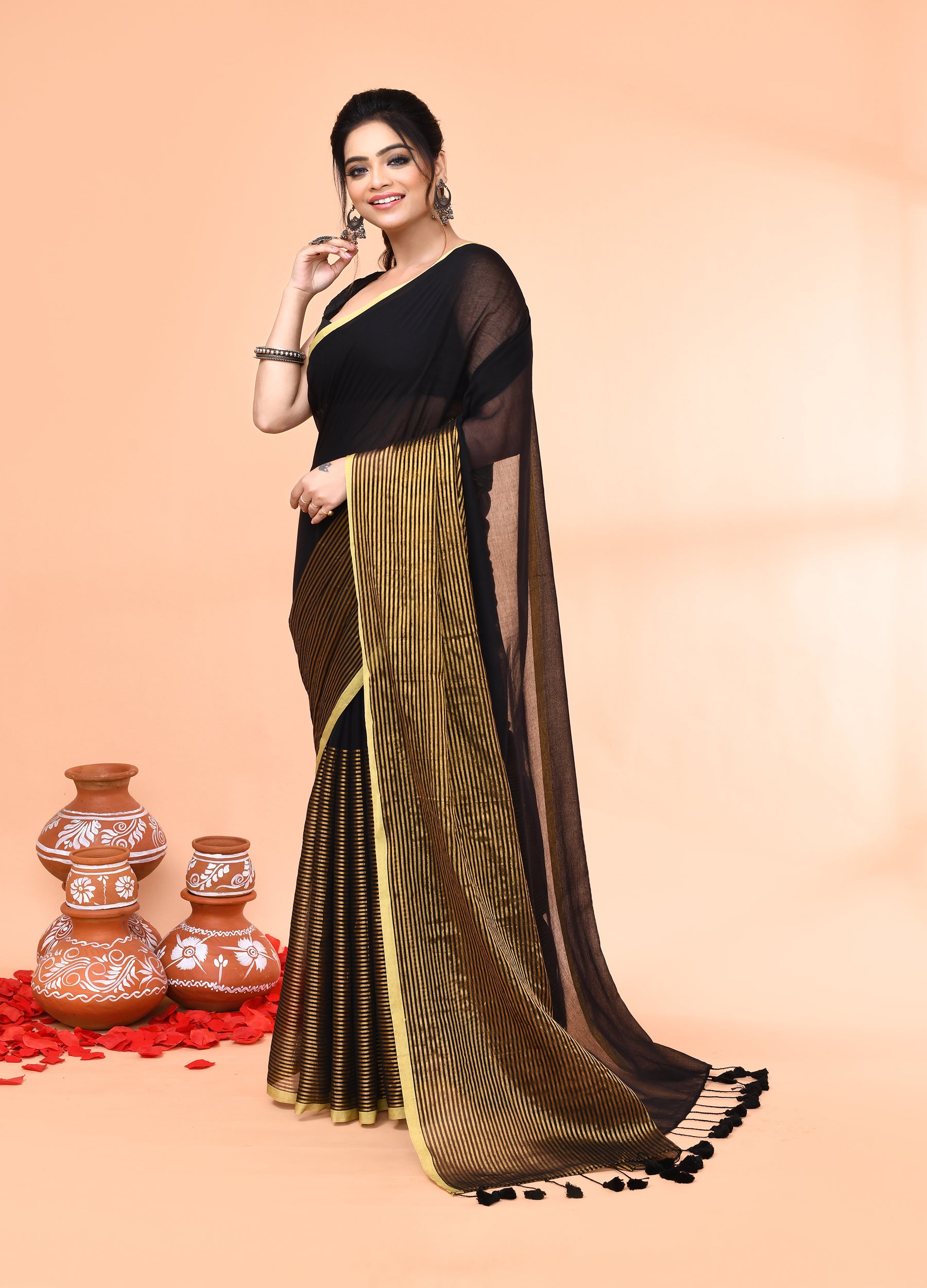 Piyari Fashion Women`s Black Cotton Handloom Saree With Gold Zari Stripes
