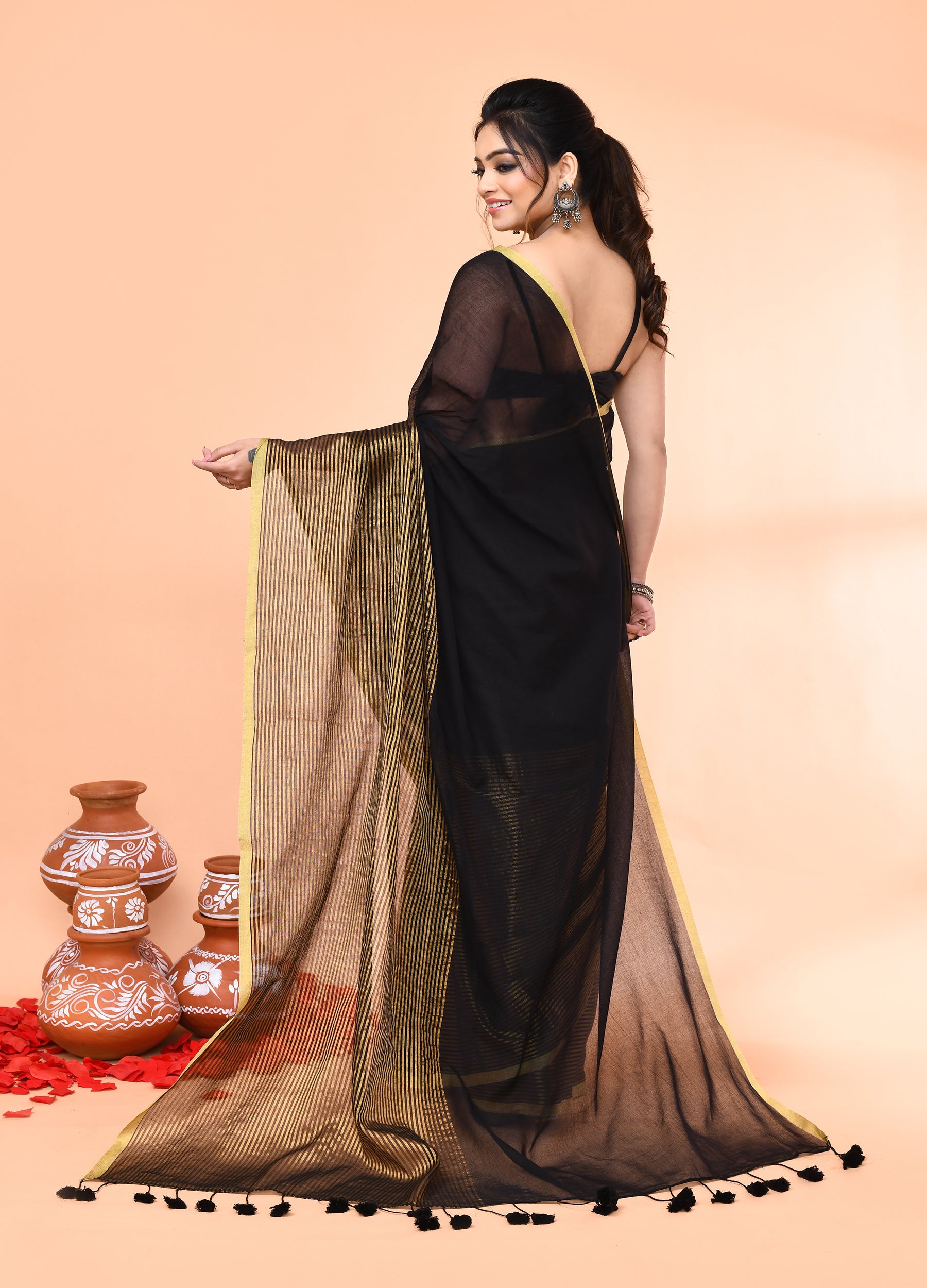 Piyari Fashion Women`s Black Cotton Handloom Saree With Gold Zari Stripes