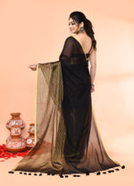 Thumbnail for Piyari Fashion Women`s Black Cotton Handloom Saree With Gold Zari Stripes
