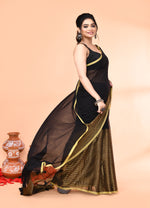 Thumbnail for Piyari Fashion Women`s Black Cotton Handloom Saree With Gold Zari Stripes