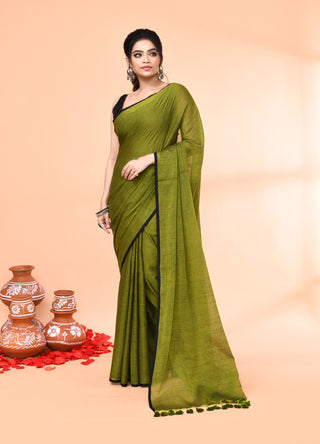 Piyari Fashion Olive Mulmul Cotton Saree With Tassels