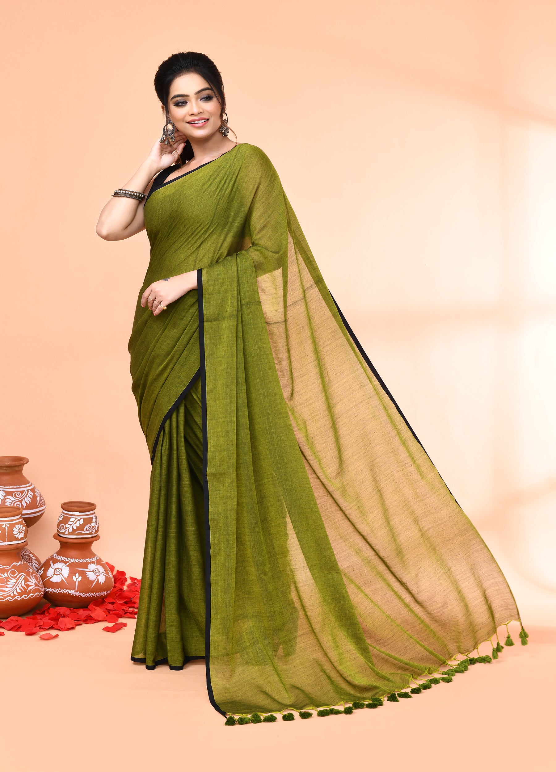 Piyari Fashion Olive Mulmul Cotton Saree With Tassels