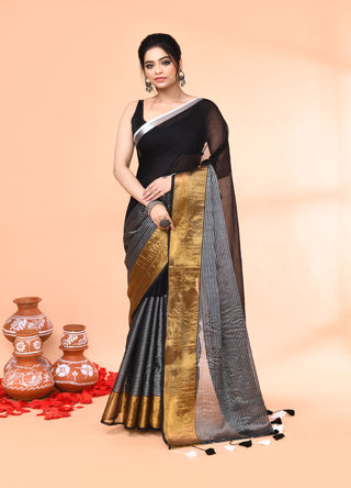 Piyari Fashion Women`s Black Cotton Handloom Saree With Gold Silver Zari Stripes