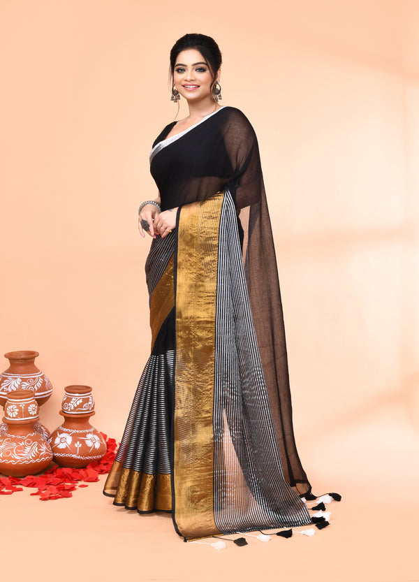 Piyari Fashion Women`s Black Cotton Handloom Saree With Gold Silver Zari Stripes