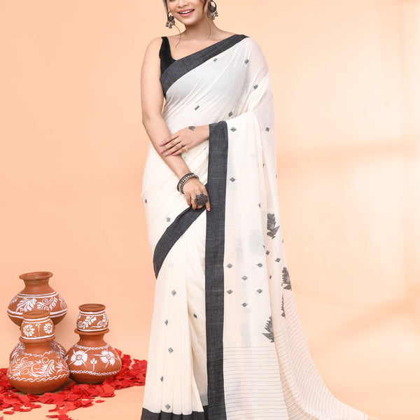 Piyari Fashion Women`s Off White Mul Cotton Handloom Jamdani Saree With Blouse