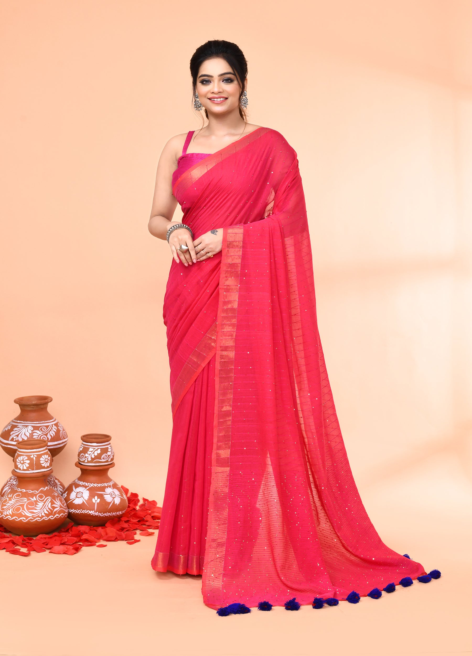 Piyari Fashion Women`s Cotton Handloom Pink Sequin Saree With Blouse