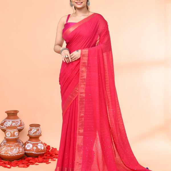 Piyari Fashion Women`s Cotton Handloom Pink Sequin Saree With Blouse - Distacart