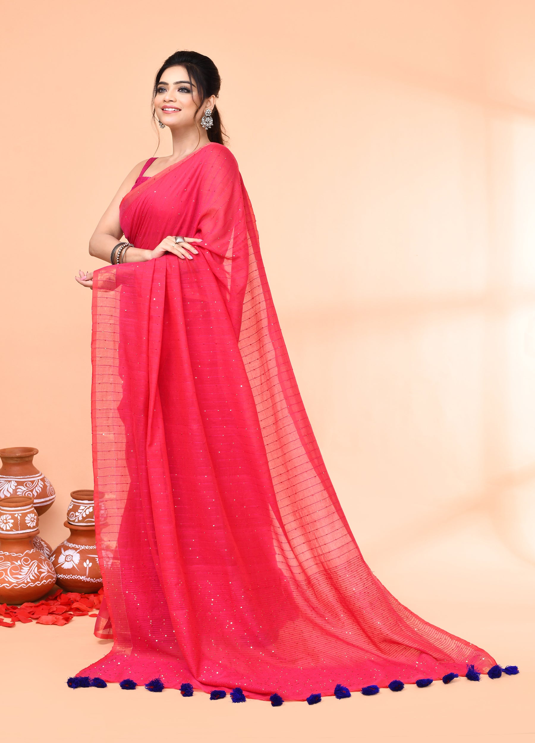 Piyari Fashion Women`s Cotton Handloom Pink Sequin Saree With Blouse