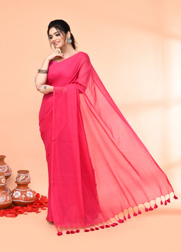 Piyari Fashion Pink Mulmul Cotton Saree With Tassels