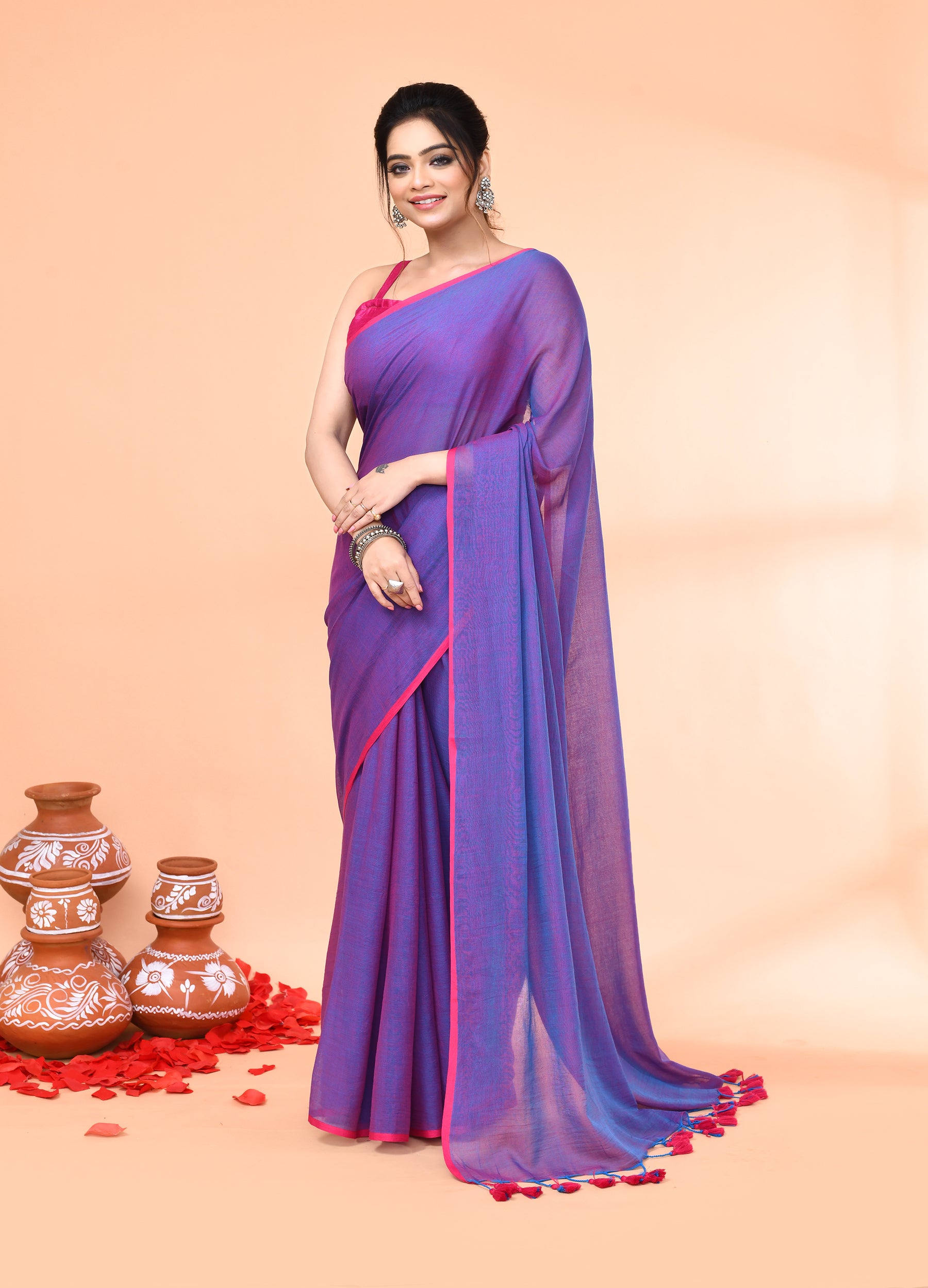 Piyari Fashion Vivid Indigo Mulmul Cotton Saree With Tassels