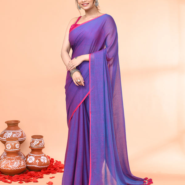 Piyari Fashion Vivid Indigo Mulmul Cotton Saree With Tassels - Distacart