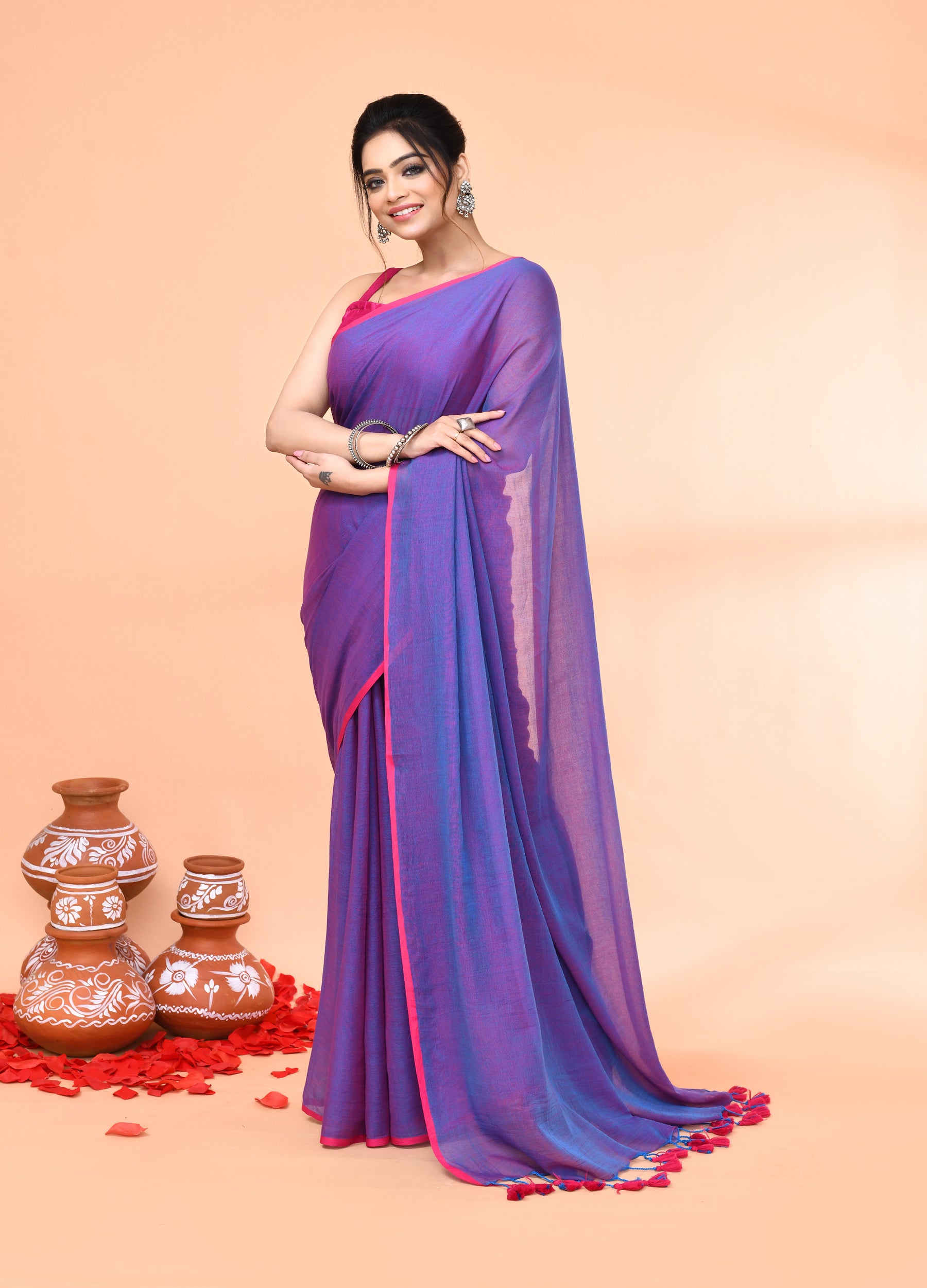 Piyari Fashion Vivid Indigo Mulmul Cotton Saree With Tassels