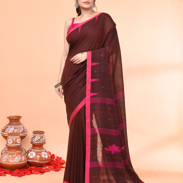 Piyari Fashion Women`s Brown Mul Cotton Handloom Jamdani Saree With Blouse - Distacart