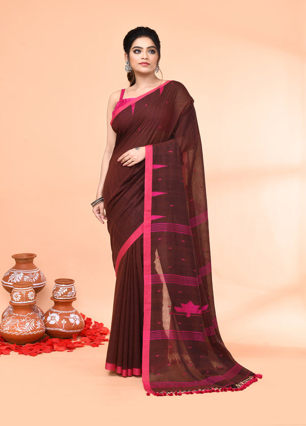 Piyari Fashion Women`s Brown Mul Cotton Handloom Jamdani Saree With Blouse