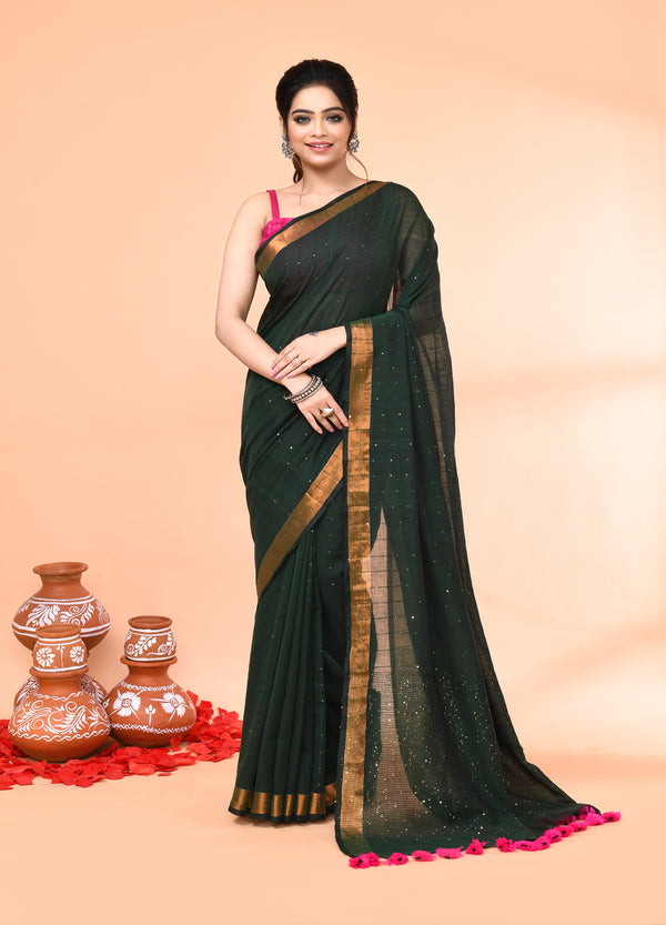 Piyari Fashion Women`s Cotton Handloom Dark Green Sequin Saree With Blouse