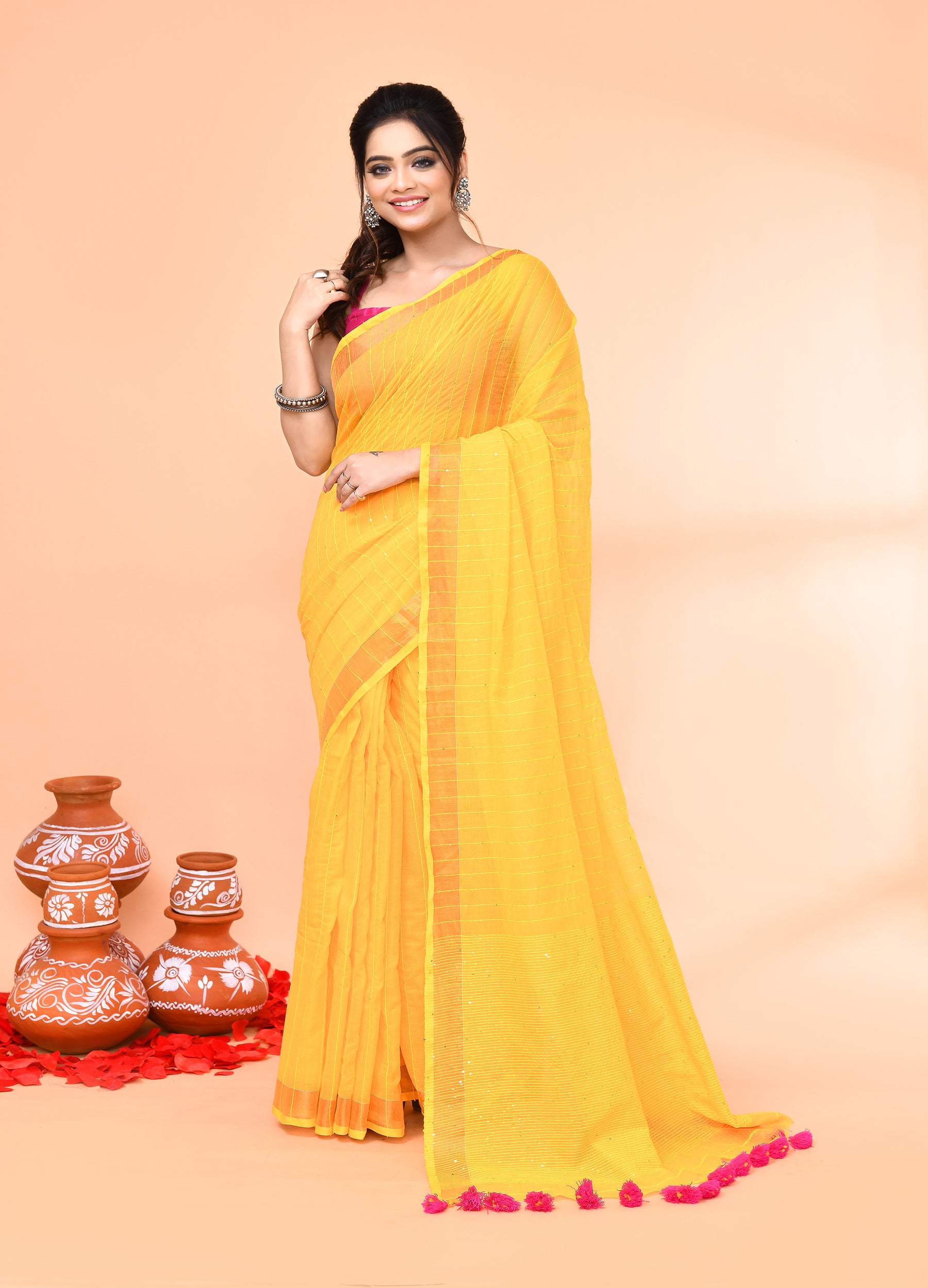 Piyari Fashion Women`s Cotton Handloom Yellow Sequin Saree With Blouse