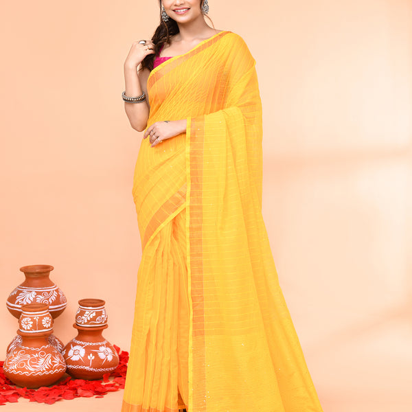 Piyari Fashion Women`s Cotton Handloom Yellow Sequin Saree With Blouse - Distacart