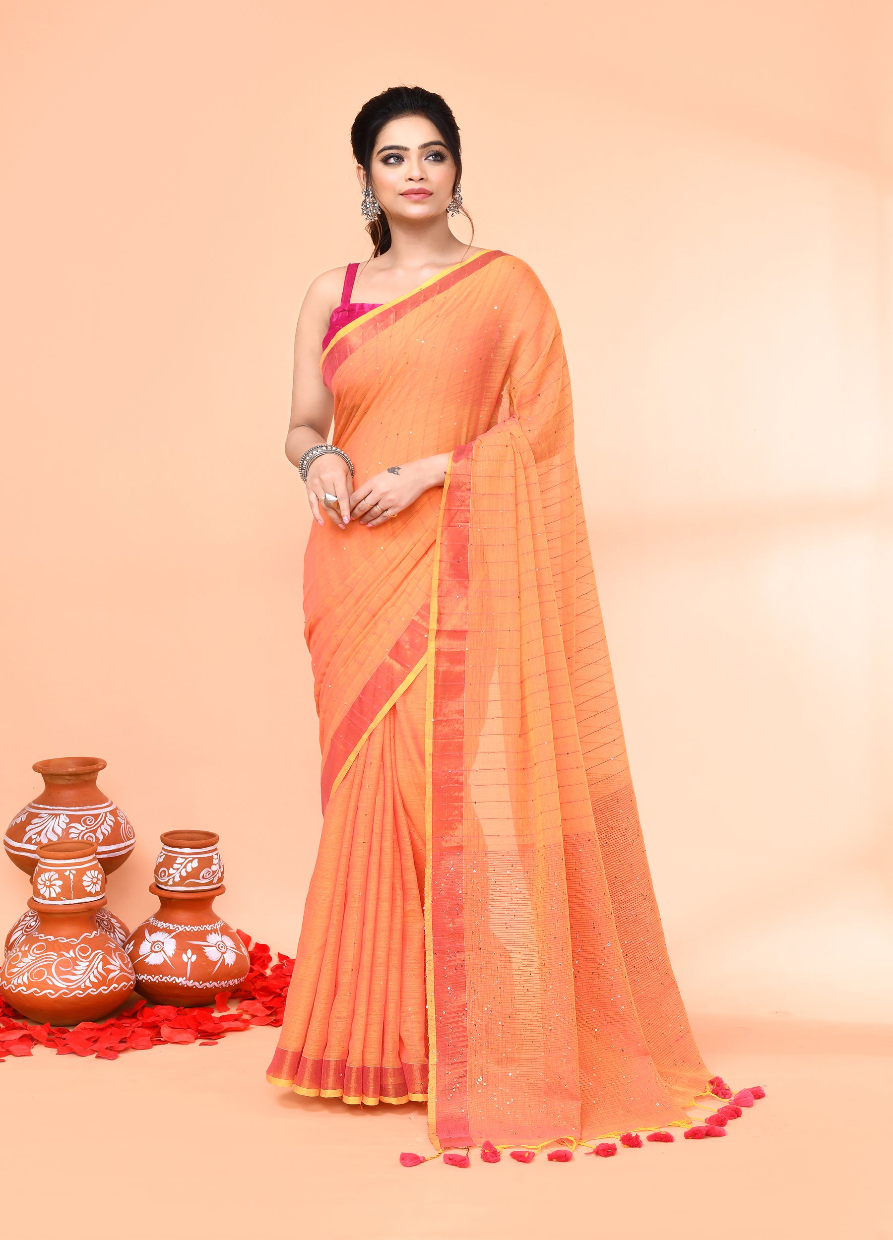 Piyari Fashion Women`s Cotton Handloom Pale Orange Sequin Saree With Blouse