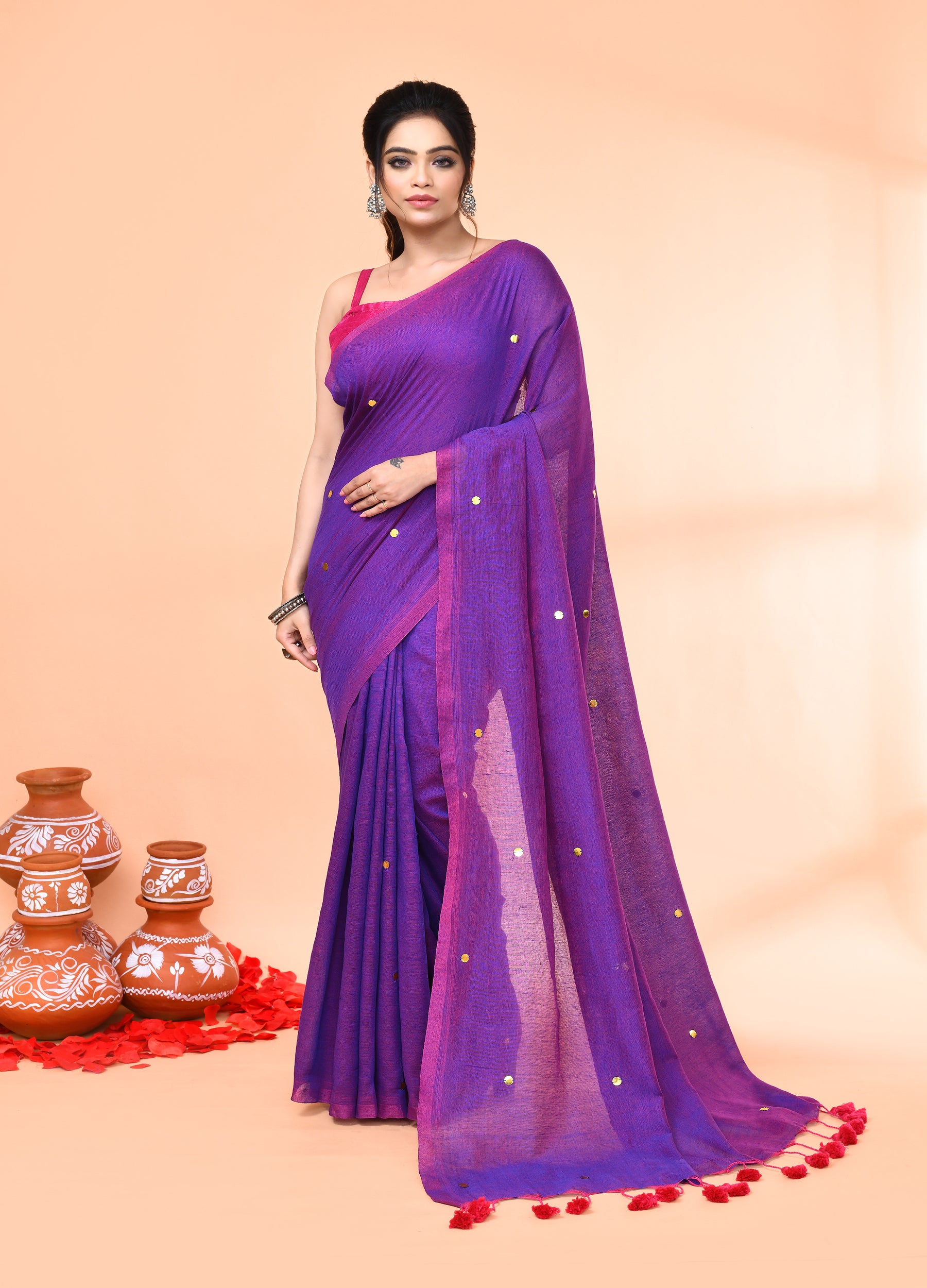 Piyari Fashion Women`s Cotton Handloom Purple Sequin Saree With Blouse
