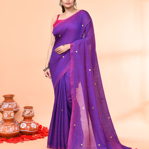 Piyari Fashion Women`s Cotton Handloom Purple Sequin Saree With Blouse - Distacart