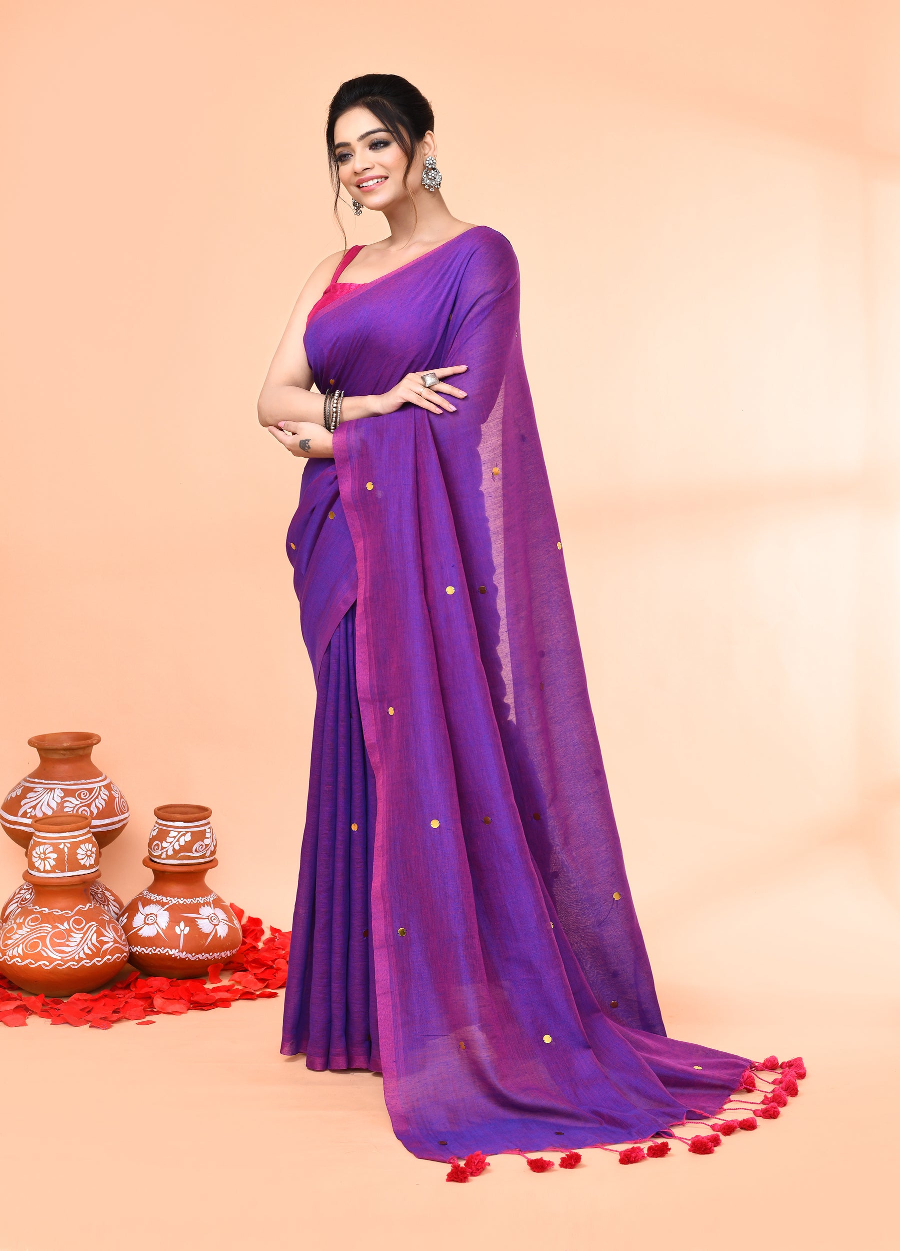 Piyari Fashion Women`s Cotton Handloom Purple Sequin Saree With Blouse
