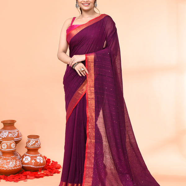 Piyari Fashion Women`s Cotton Handloom Magenta Sequin Saree With Blouse - Distacart