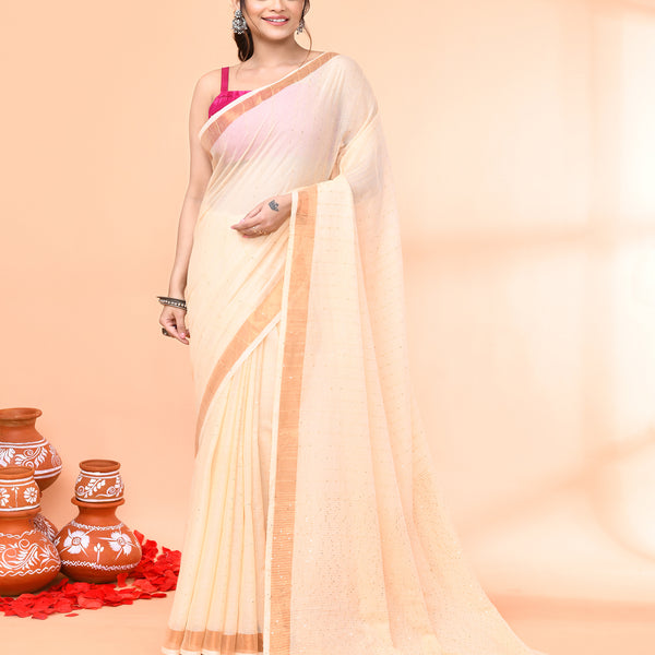 Piyari Fashion Women`s Cotton Handloom Light Tan Sequin Saree With Blouse - Distacart