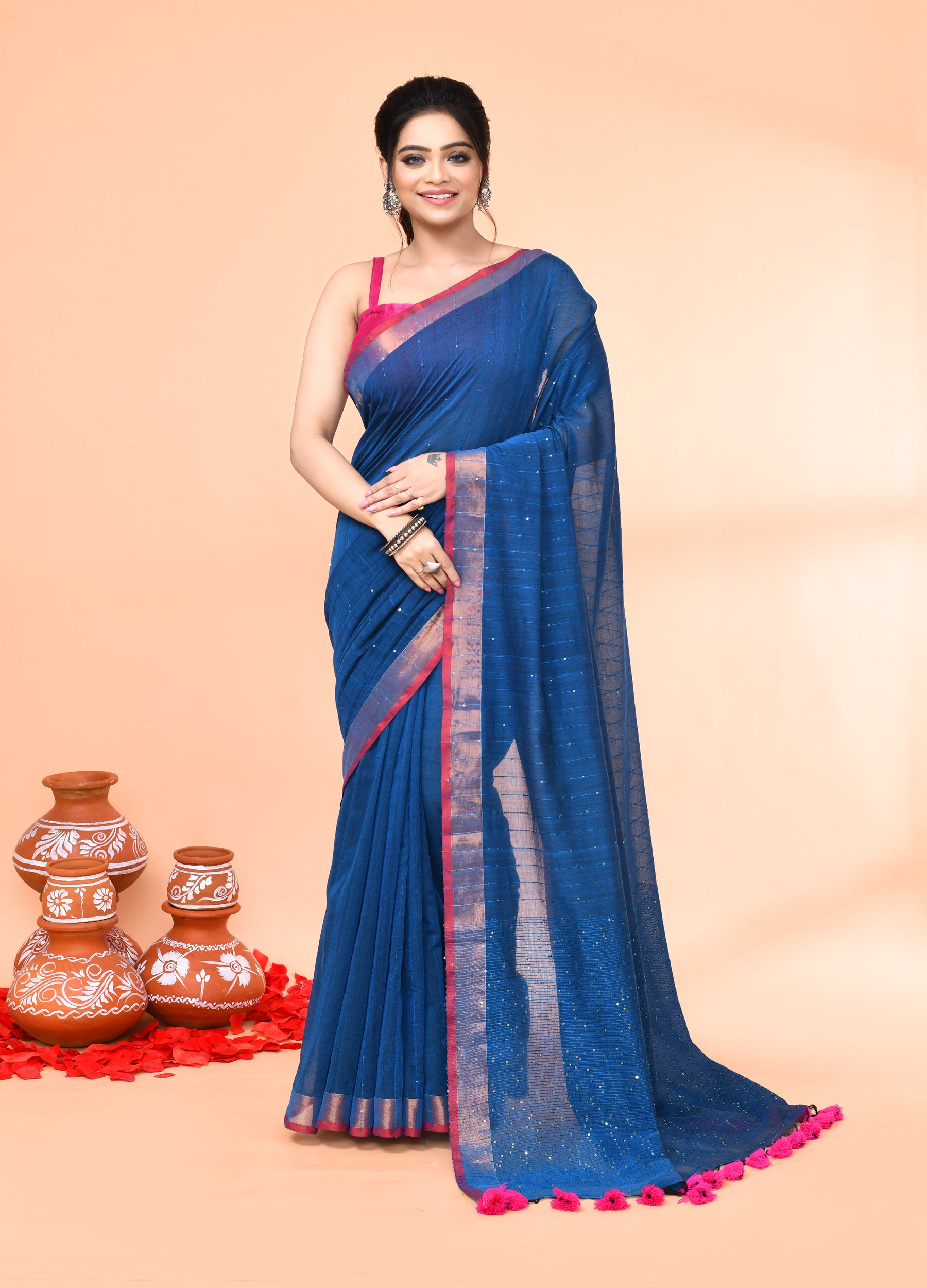 Piyari Fashion Women`s Cotton Handloom Deep Turquoise Sequin Saree With Blouse