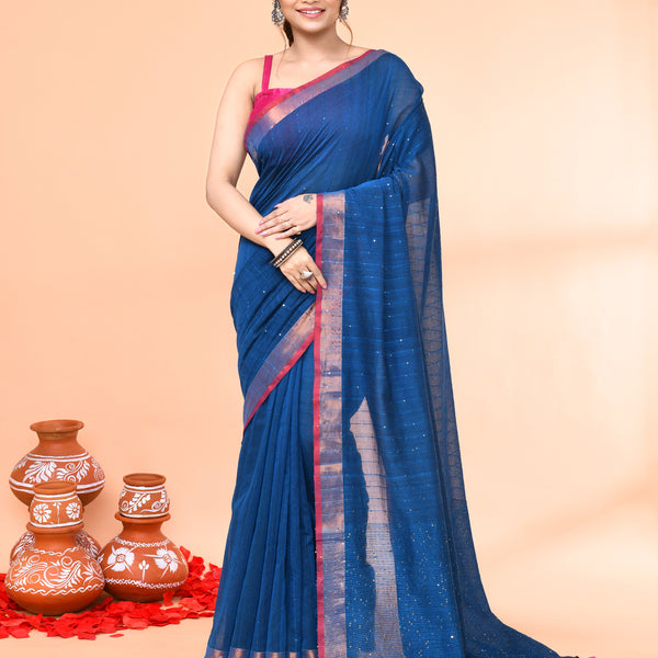 Piyari Fashion Women`s Cotton Handloom Deep Turquoise Sequin Saree With Blouse - Distacart