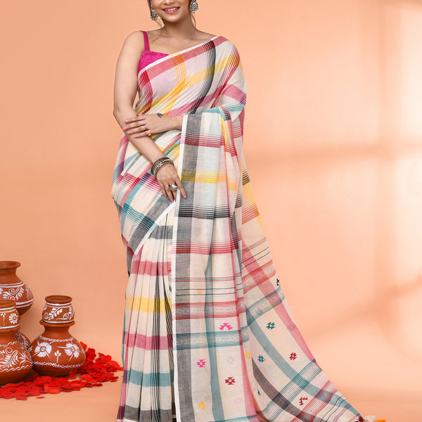 Piyari Fashion Women`s Off White Mul Cotton Handloom Jamdani Saree With Blouse - Distacart