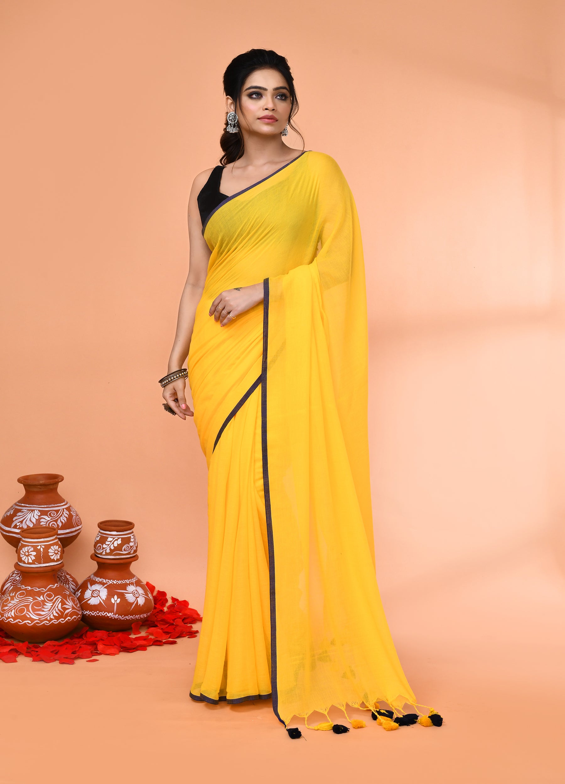 Piyari Fashion Yellow Mulmul Cotton Saree With Tassels