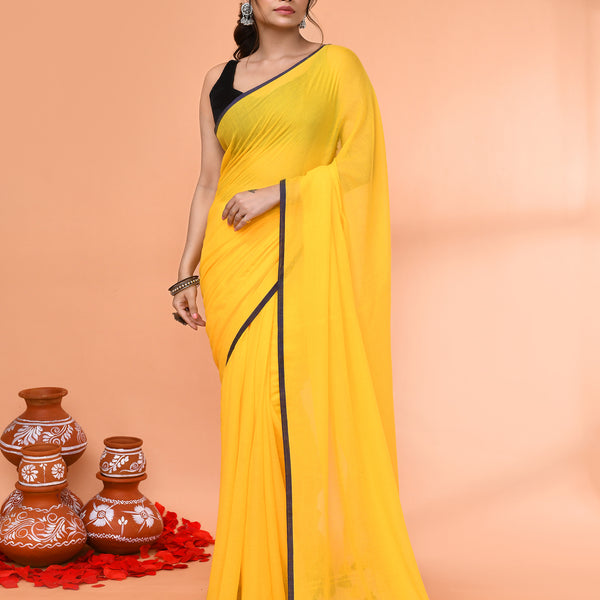 Piyari Fashion Yellow Mulmul Cotton Saree With Tassels - Distacart