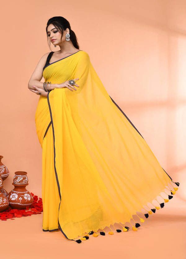 Piyari Fashion Yellow Mulmul Cotton Saree With Tassels