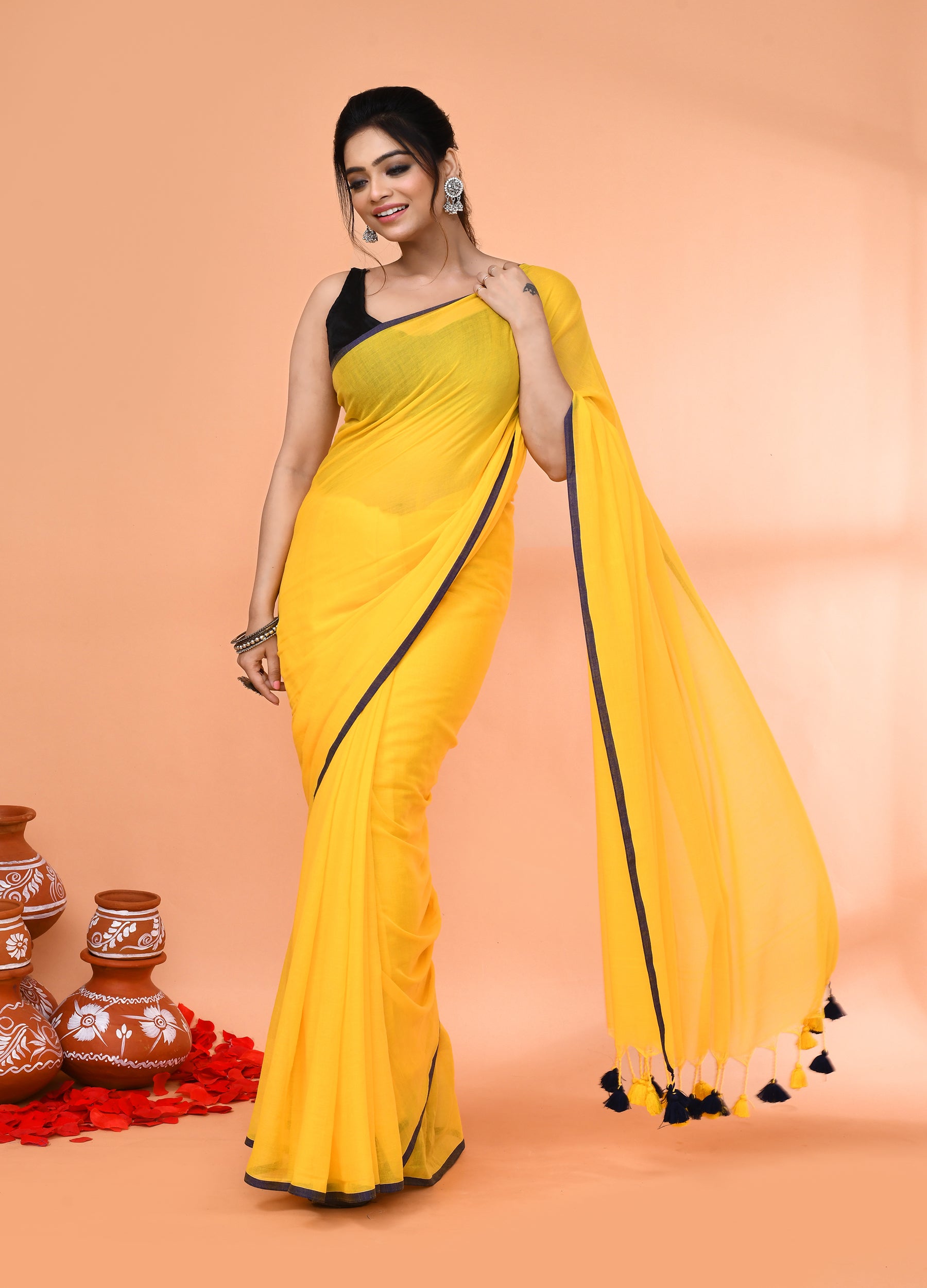 Piyari Fashion Yellow Mulmul Cotton Saree With Tassels