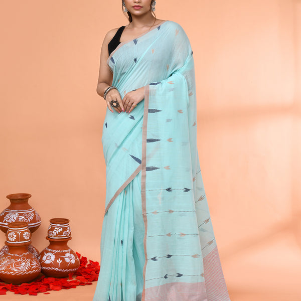 Piyari Fashion Women`s Light Sky Blue Cotton Handloom Jamdani Saree With Blouse - Distacart