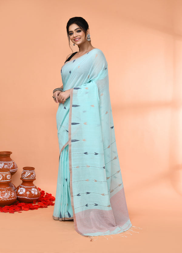 Piyari Fashion Women`s Light Sky Blue Cotton Handloom Jamdani Saree With Blouse