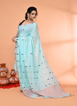 Thumbnail for Piyari Fashion Women`s Light Sky Blue Cotton Handloom Jamdani Saree With Blouse