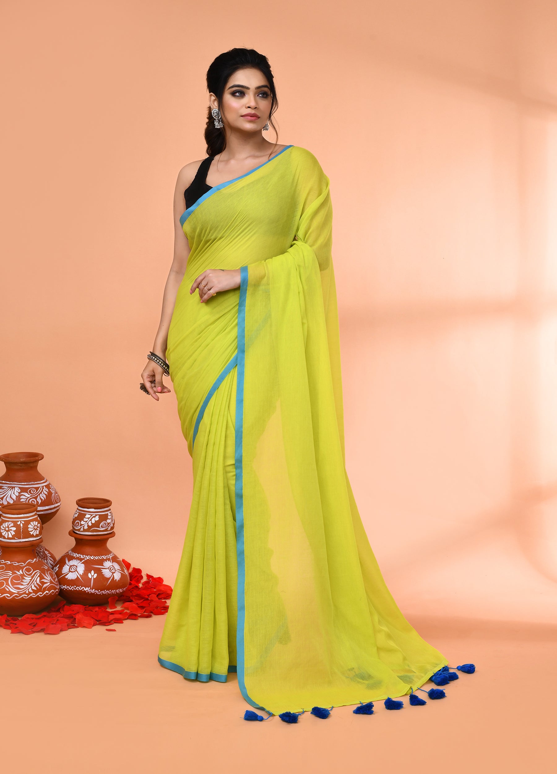 Piyari Fashion Lemon Green Mulmul Cotton Saree With Tassels