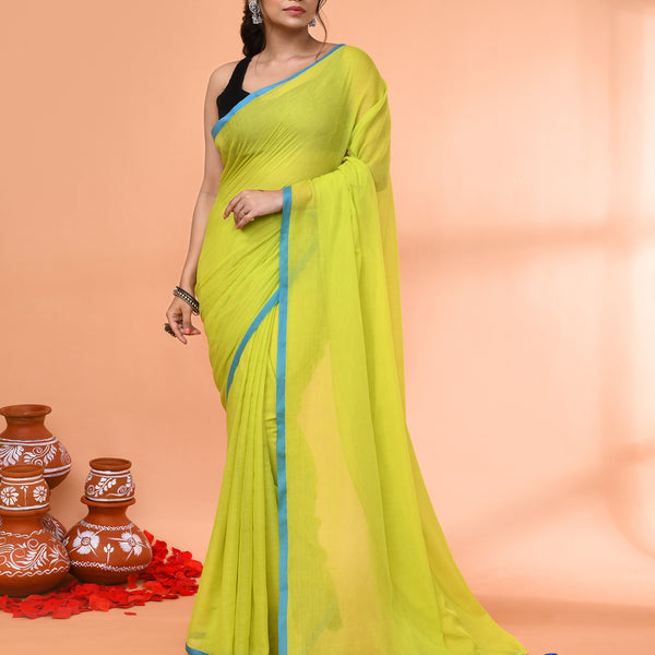 Piyari Fashion Lemon Green Mulmul Cotton Saree With Tassels - Distacart