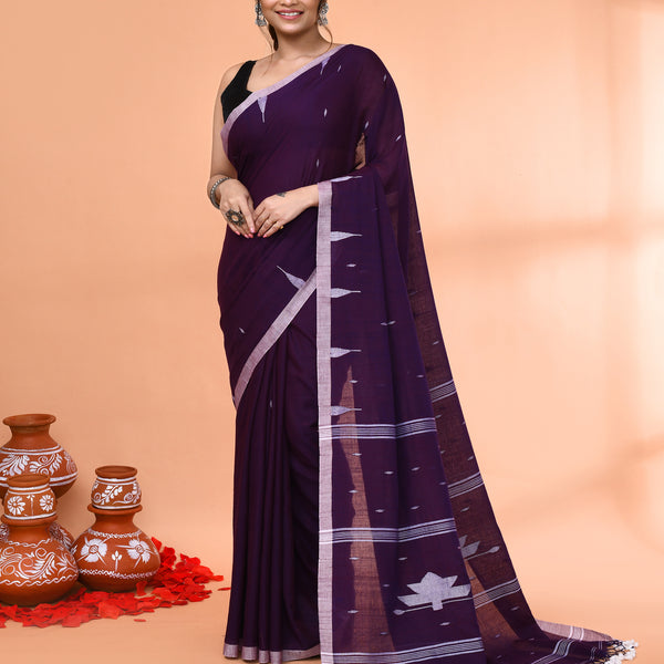Piyari Fashion Women`s Purple Mul Cotton Handloom Jamdani Saree With Blouse - Distacart