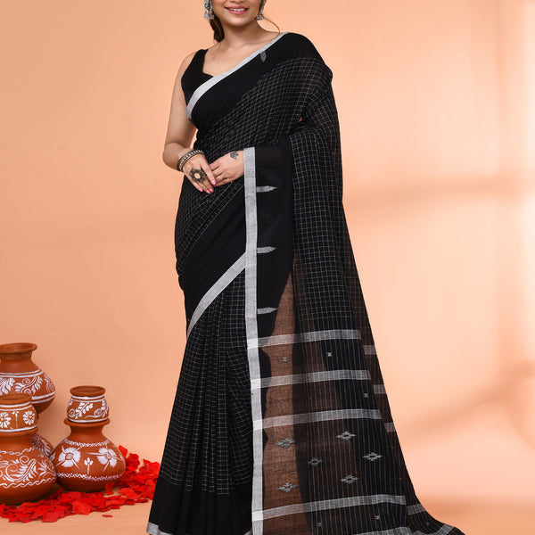 Piyari Fashion Women`s Black Mul Cotton Handloom Jamdani Saree With Blouse - Distacart