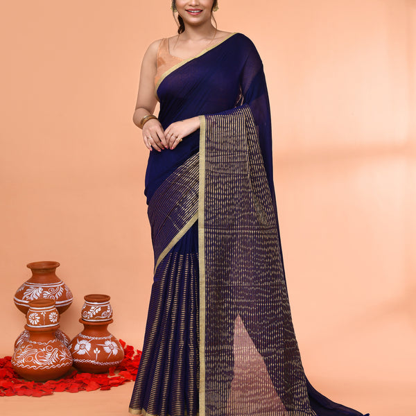 Piyari Fashion Women`s Blue Cotton Handloom Saree With Gold Zari Stripes - Distacart