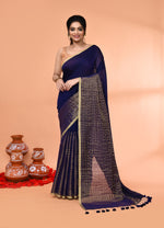 Thumbnail for Piyari Fashion Women`s Blue Cotton Handloom Saree With Gold Zari Stripes