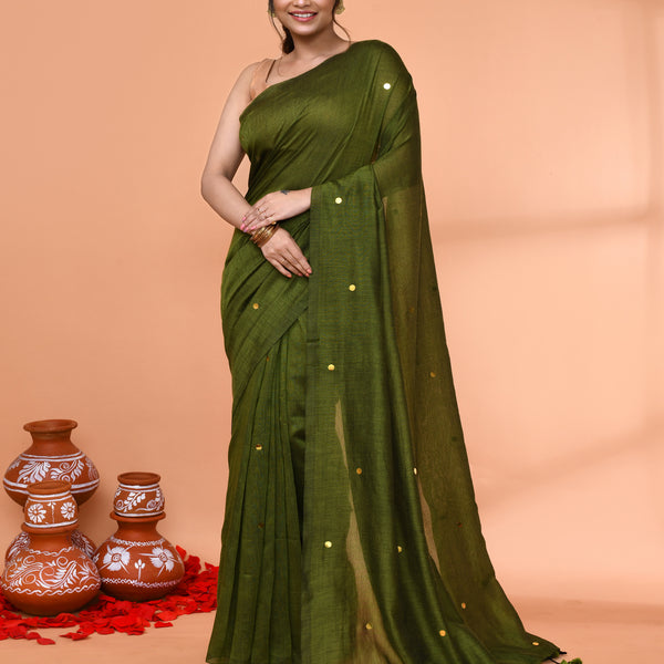 Piyari Fashion Women`s Cotton Handloom Moss Green Sequin Saree With Blouse - Distacart