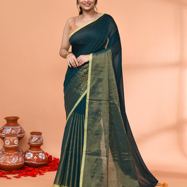 Piyari Fashion Women`s Teal Cotton Handloom Saree With Gold Zari Stripes - Distacart