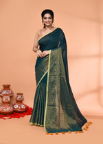 Thumbnail for Piyari Fashion Women`s Teal Cotton Handloom Saree With Gold Zari Stripes