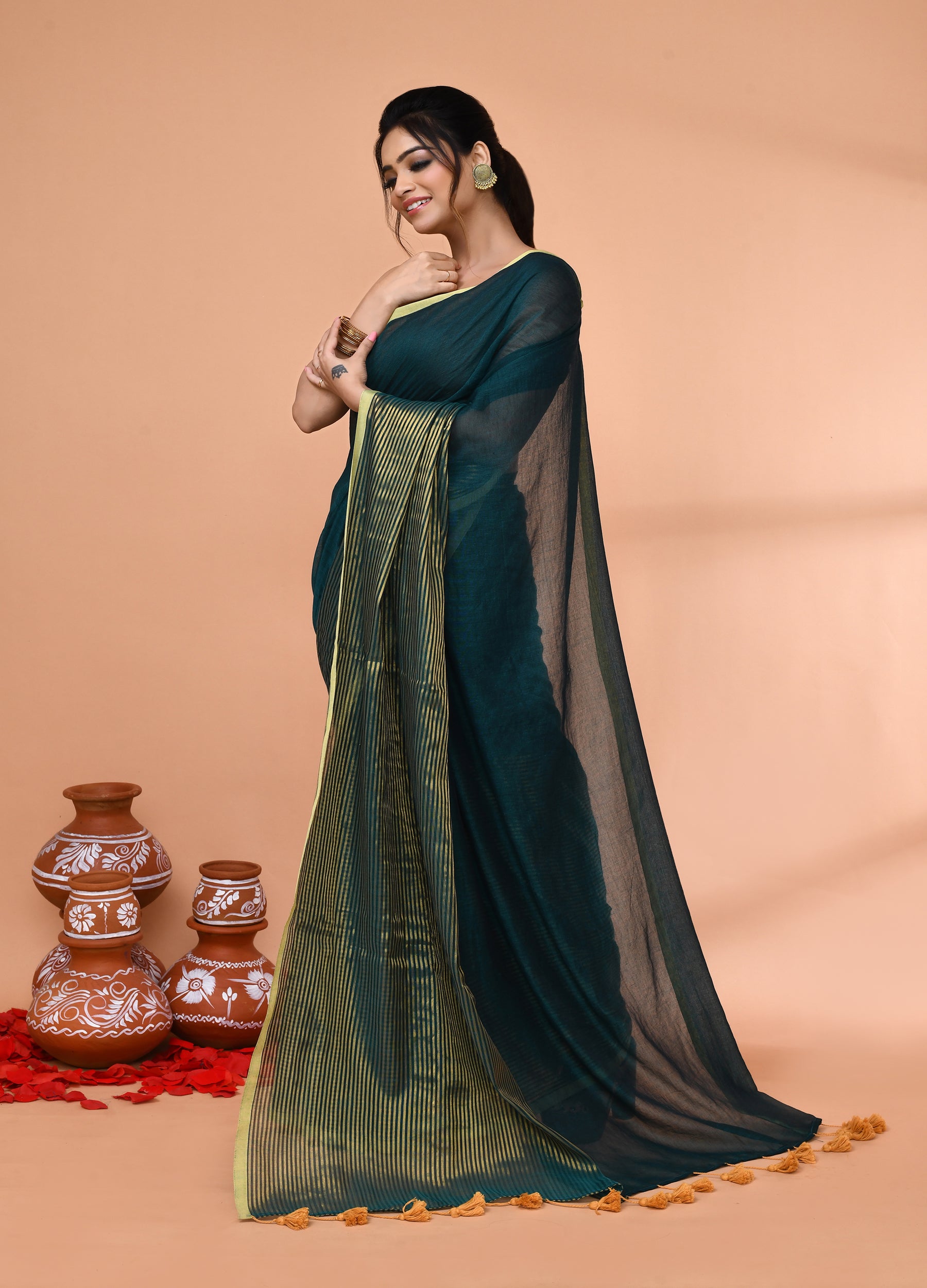 Piyari Fashion Women`s Teal Cotton Handloom Saree With Gold Zari Stripes