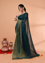 Thumbnail for Piyari Fashion Women`s Teal Cotton Handloom Saree With Gold Zari Stripes