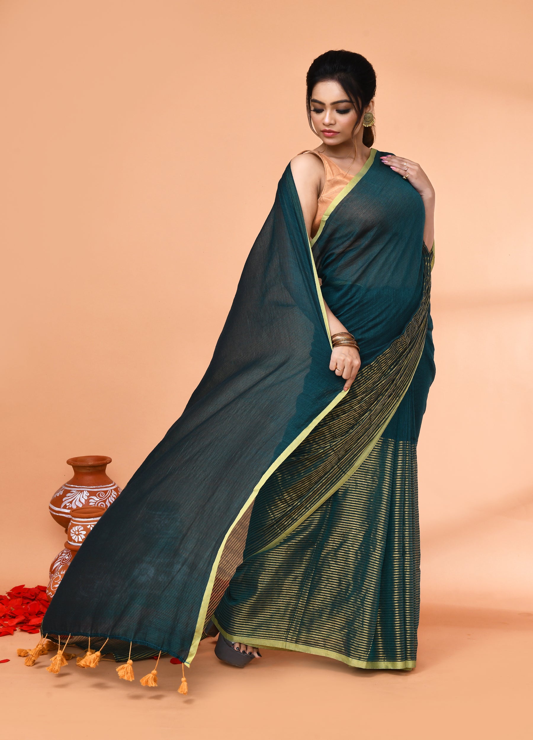 Piyari Fashion Women`s Teal Cotton Handloom Saree With Gold Zari Stripes
