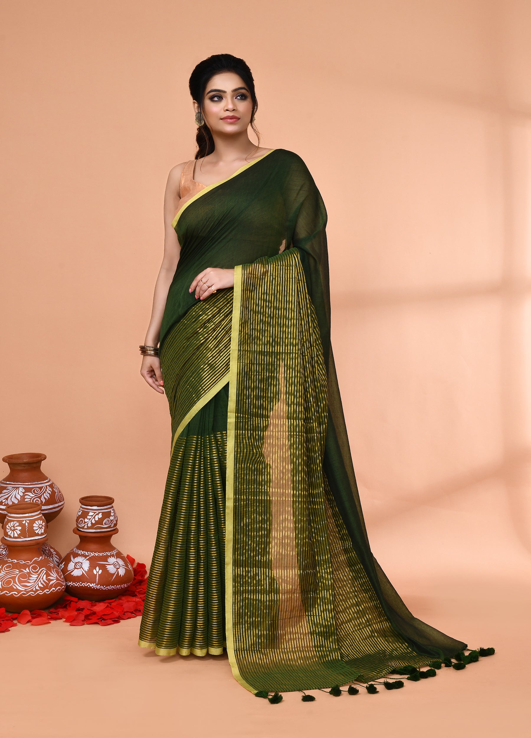 Piyari Fashion Women`s Dark Green Cotton Handloom Saree With Gold Zari Stripes